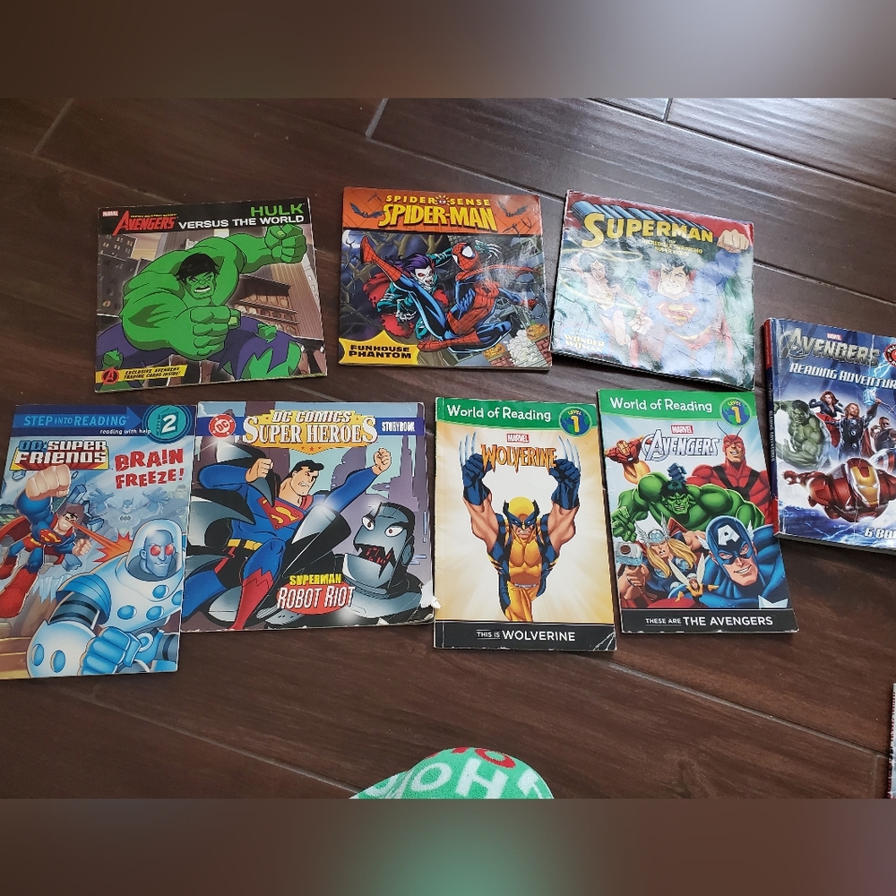 8 superhero books level 1 and 2 reading 2 are a bit more worn